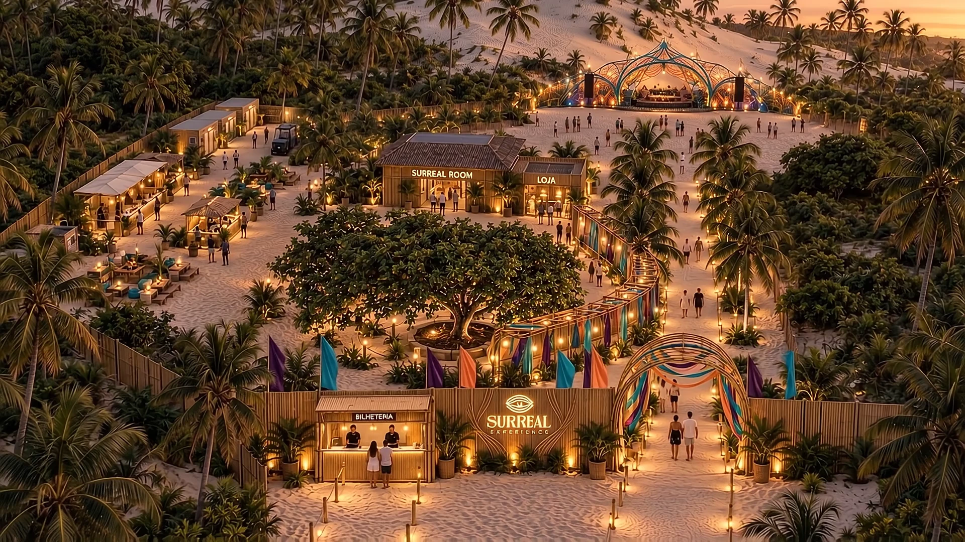 Concept film moving from an aerial view of the Surreal event setting to a turquoise lagoon and the Surreal identity